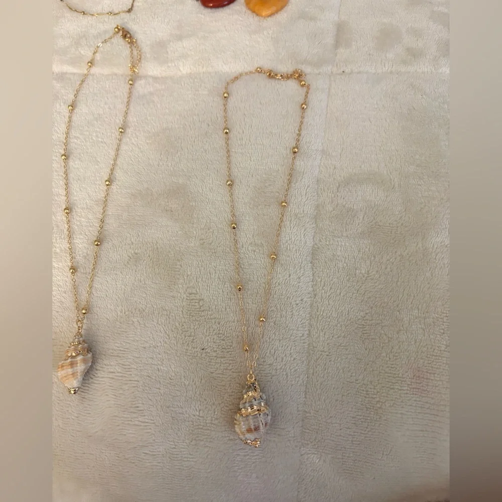 Gold Seashell Necklace | 16-18” Stainless Steel Beaded Chain | Coastal Boho - Picture 2 of 5
